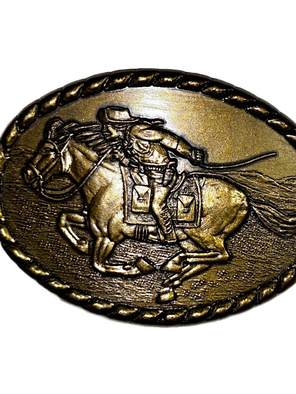 Mervyn’s ~ 1981 ~ Pony Express Rider On Galloping Horse ~ Brass Tone Belt Buckle